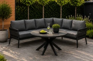 Tierra Liv Lounge Dining Set Right Charcoal met Orbital Dining Table